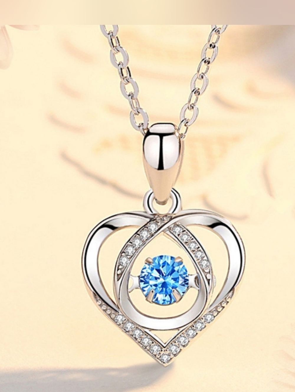 Blue Crystal Heart Rhinestone Pendant Necklace - 925 Sterling Silver